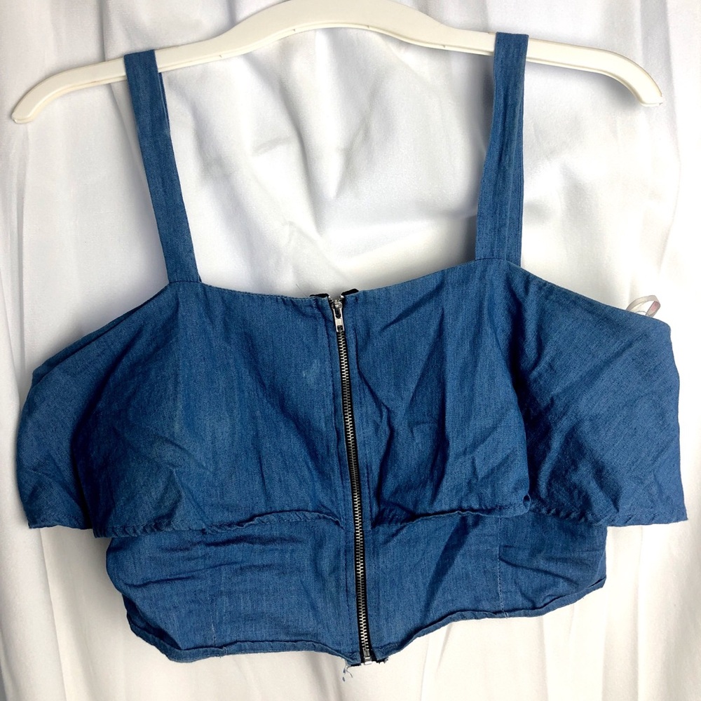 Denim colored small crop top front zipper